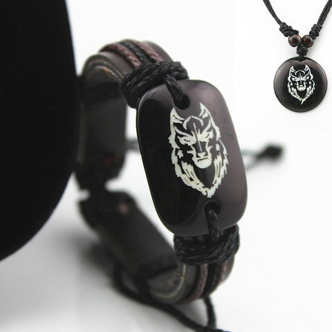 Classic Men's Leather Bracelet Resin Carved Wolf Leather Bracelets Friendship ID Bracelets Bangles Gift MB22 - Wolfmall