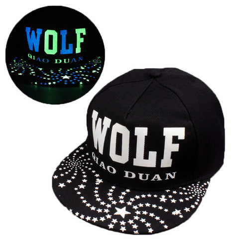 Men Women New Glow In The Dark Print WOLF Snapback Caps Adjustable Hip Hop Fluorescent Baseball Cap Casual Luminous Hats - Wolfmall