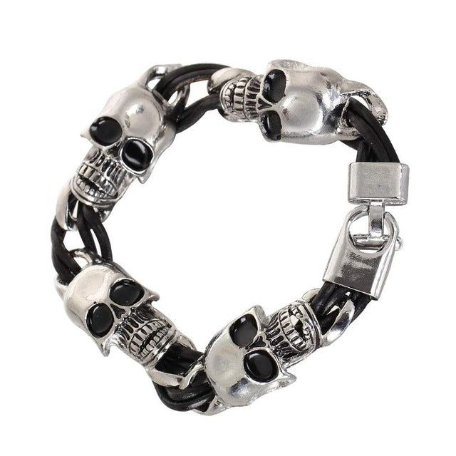 2017 Men Stainless Steel Leather Bracelets Men Vintage Jewelry Male Wolf Head Skull Charms Bracelets Bangles Wristband pulseira - Wolfmall