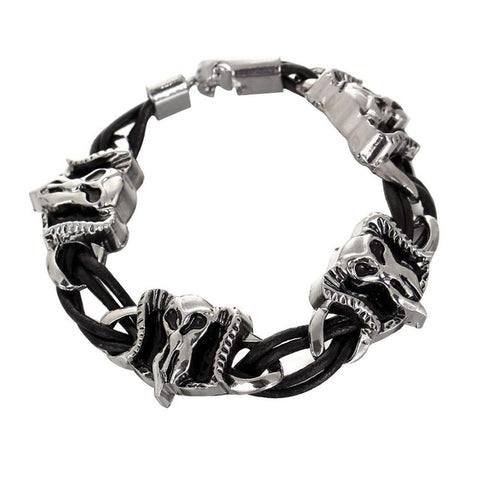 2017 Men Stainless Steel Leather Bracelets Men Vintage Jewelry Male Wolf Head Skull Charms Bracelets Bangles Wristband pulseira - Wolfmall