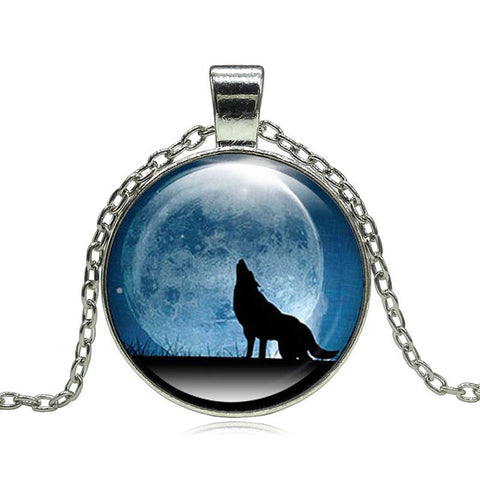 Fashion Wolf Moon Pendant Necklace Glass Cabochon Silver Statement Chain Necklace Women Jewelry - Wolfmall