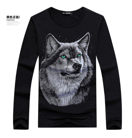 2016 Autumn Fashion Mens Long Sleeve Wolf 3D printed T Shirt Men O-neck Breathable Soft Shirts Hip Hop Slim Casual Brand T-Shirt - Wolfmall