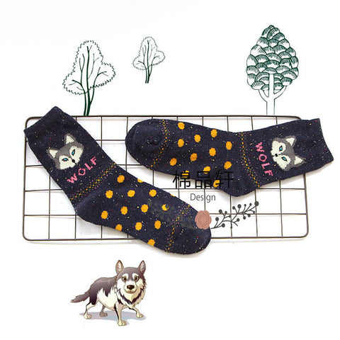 1Pair/lot Lovely Fox Wolf Striped 3D Socks Spring Winter Style Creative Cute Women Cotton Socks Fox Girls Calcetines Meias - Wolfmall