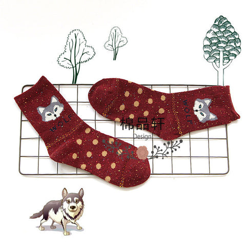 1Pair/lot Lovely Fox Wolf Striped 3D Socks Spring Winter Style Creative Cute Women Cotton Socks Fox Girls Calcetines Meias - Wolfmall