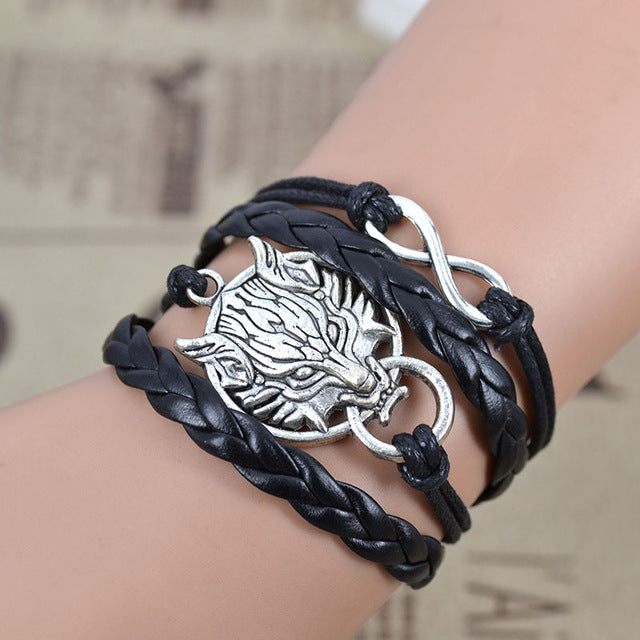 Jiayiqi Handmade Infinity Wolf Black Weave Leather Wax Rope Bracelet Best Friendship Gift  IB516 - Wolfmall