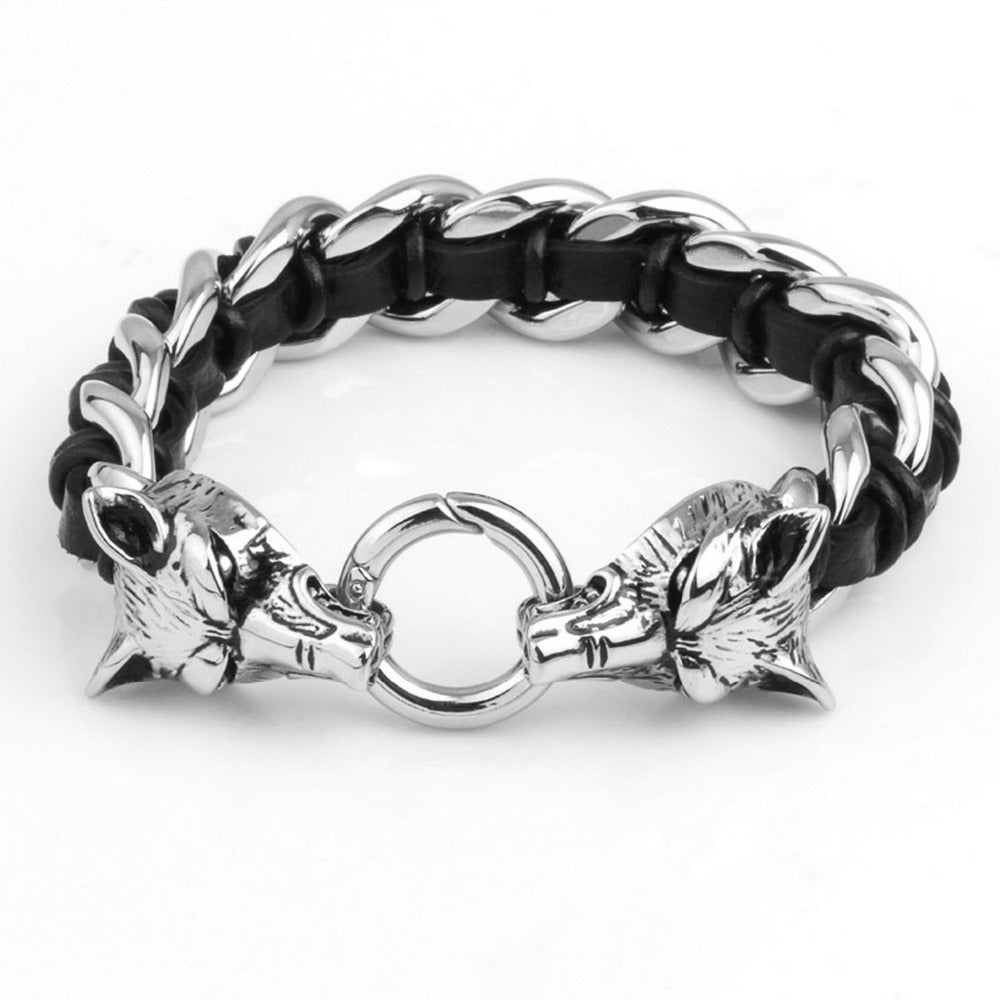 Fine Jewelry Two Wolf Heads Stainless Steel Leather Men's Bracelet Male Black Genuine Leather Weaved Animal Wolf Bracelet Gift - Wolfmall
