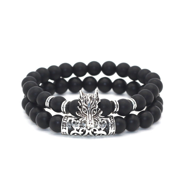 2 pcs/set Antique Silver Plated Wolf Head Charm with Lava Onyx Turquoises Natural Stone Beads Bracelet Set Pack For Men Women - Wolfmall