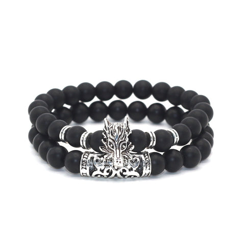 2 pcs/set Antique Silver Plated Wolf Head Charm with Lava Onyx Turquoises Natural Stone Beads Bracelet Set Pack For Men Women - Wolfmall