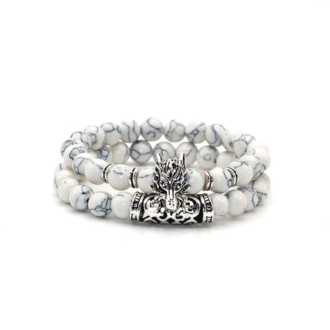 2 pcs/set Antique Silver Plated Wolf Head Charm with Lava Onyx Turquoises Natural Stone Beads Bracelet Set Pack For Men Women - Wolfmall
