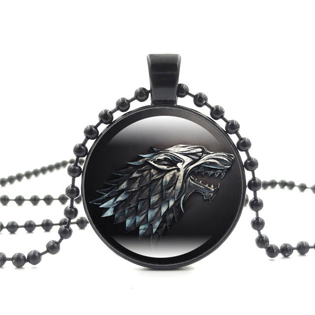 Movie Of Ice and Fire Game of Thrones Stark Wolf Pendant Glass Cabochon Picture Black Bead Chain Necklace for Women Jewelry gift - Wolfmall