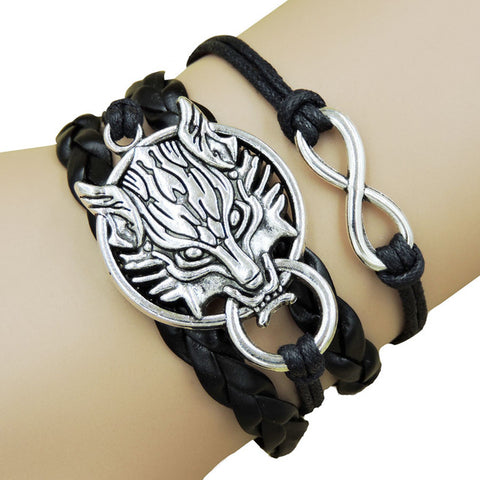 NingXiang Vintage Antique Silver Teen Wolf Head Infinity Male Charm Bracelet For Men Multilayer Black Rope Leather Cuff Bracelet - Wolfmall