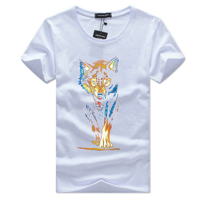 2017 New Fashion Men T shirt Retro Wolf Printed  cotton Short Sleeve Casual t-shirt Hipster Fractal Pattern tees Cool Tops - Wolfmall