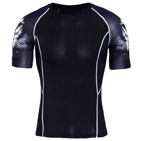 New Compression Shirt Splicing Sleeve Fitness Men Wolf Skull Anime 3D T Shirt MMA Short Sleeve Crossfit Bodybuilding Tee Shirt - Wolfmall