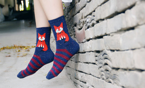 Korean thick wool cotton women girl crew socks autumn winter of Harajuku animal Fox Wolf striped sox brand lovely cute christmas - Wolfmall