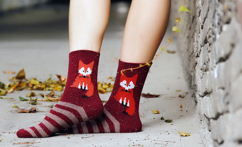 Korean thick wool cotton women girl crew socks autumn winter of Harajuku animal Fox Wolf striped sox brand lovely cute christmas - Wolfmall