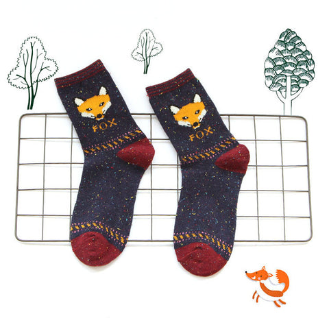 Korean thick wool cotton women girl crew socks autumn winter of Harajuku animal Fox Wolf striped sox brand lovely cute christmas - Wolfmall