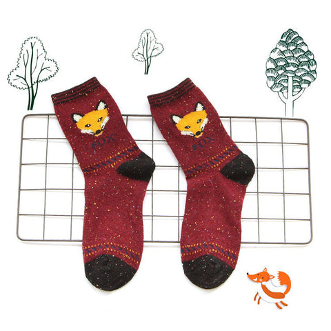 Korean thick wool cotton women girl crew socks autumn winter of Harajuku animal Fox Wolf striped sox brand lovely cute christmas - Wolfmall