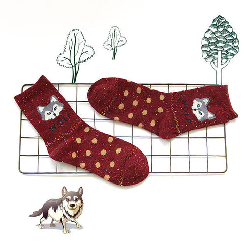 Korean thick wool cotton women girl crew socks autumn winter of Harajuku animal Fox Wolf striped sox brand lovely cute christmas - Wolfmall