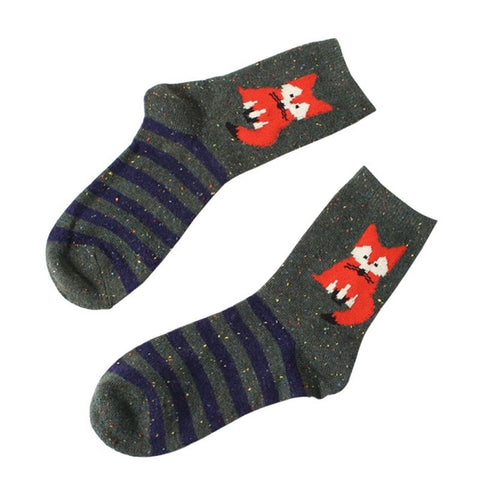 women casual vintage socks Retro animals patterns rabbit wool socks autumn winter cute cartoon fox wolf warm cotton socks lm75 - Wolfmall