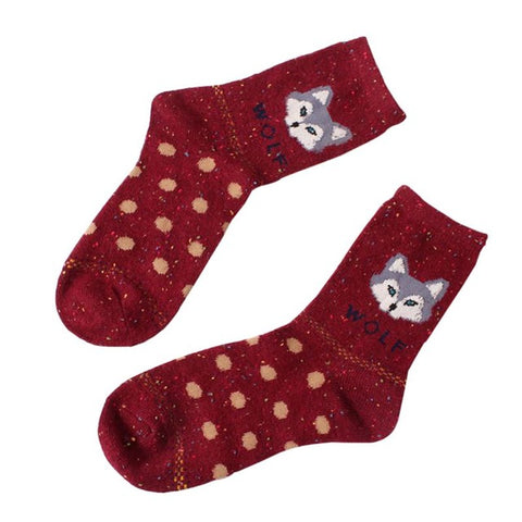 women casual vintage socks Retro animals patterns rabbit wool socks autumn winter cute cartoon fox wolf warm cotton socks lm75 - Wolfmall