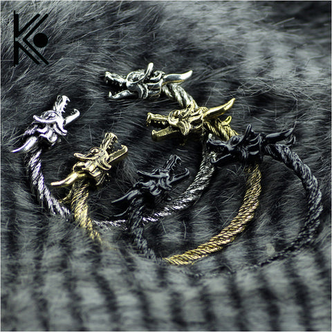 Large Viking Wolf Head Solid Hand Crafted Silver Pewter Bracelet Bangle Wolf series dragon's bracelet vikings jewelry - Wolfmall