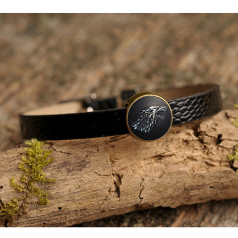 XUSHUI XJ Game of Thrones Bracelets & Bangles Stark Wolf Art Glass Cabochon Vintage Jewelry Black Pu Leather Bracelet Women Men - Wolfmall
