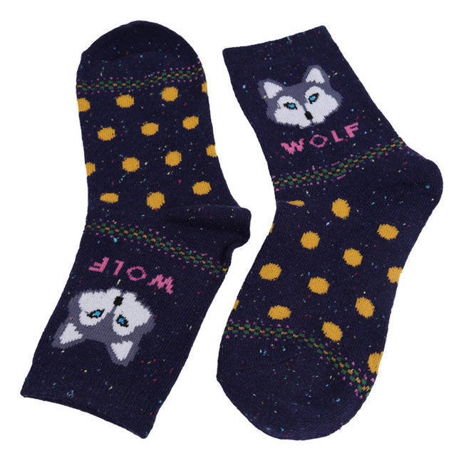 2017 Autumn Winter Thick Wool Cotton Crew Socks Women Harajuku Animal Wolf Christmas Sock Female Funny Sock Brand Cute HO980741 - Wolfmall