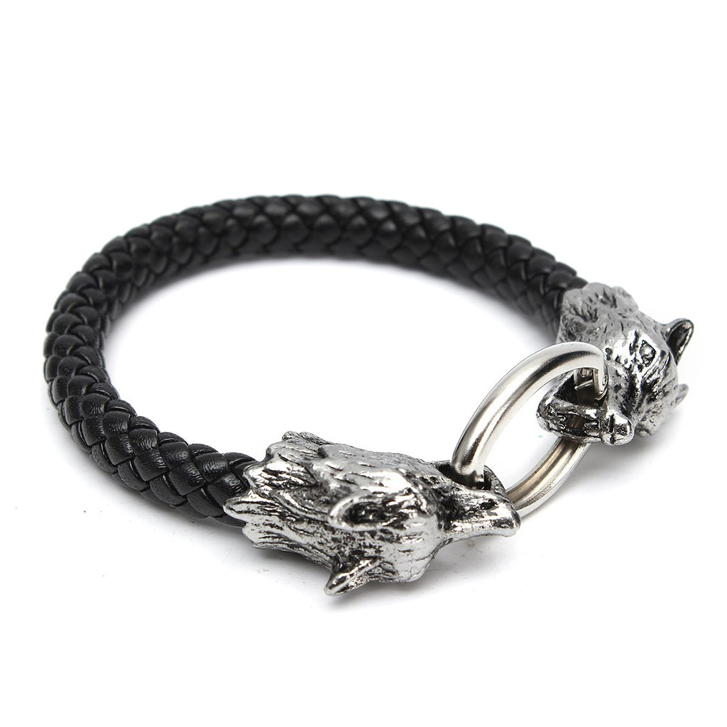 New Cool Stainless Steel Wolf Head Bracelets Bangles Black Genuine Leather Bracelet Men Vintage Fashion Pulseras Jewelry Gift - Wolfmall