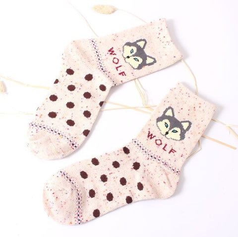 2017 New Fashhion Cute Korean Thick Wool Cotton Women Girl Crew Socks Spring And Summer Of Harajuku Animal Fox Wolf Striped Sox - Wolfmall
