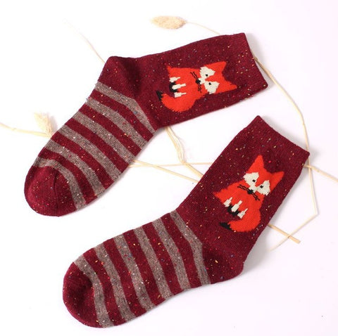 2017 New Fashhion Cute Korean Thick Wool Cotton Women Girl Crew Socks Spring And Summer Of Harajuku Animal Fox Wolf Striped Sox - Wolfmall