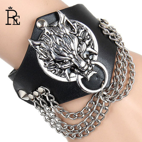 RE Genuine Leather Viking Wolf Bracelet Punk Harley Rider Rock Skeleton Skull Glove Cone Stud Spikes Rivet Chain Links Bangle - Wolfmall