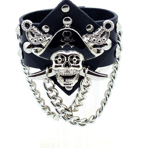 RE Genuine Leather Viking Wolf Bracelet Punk Harley Rider Rock Skeleton Skull Glove Cone Stud Spikes Rivet Chain Links Bangle - Wolfmall
