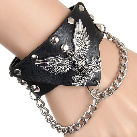 RE Genuine Leather Viking Wolf Bracelet Punk Harley Rider Rock Skeleton Skull Glove Cone Stud Spikes Rivet Chain Links Bangle - Wolfmall