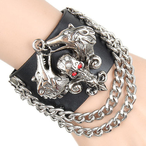 RE Genuine Leather Viking Wolf Bracelet Punk Harley Rider Rock Skeleton Skull Glove Cone Stud Spikes Rivet Chain Links Bangle - Wolfmall