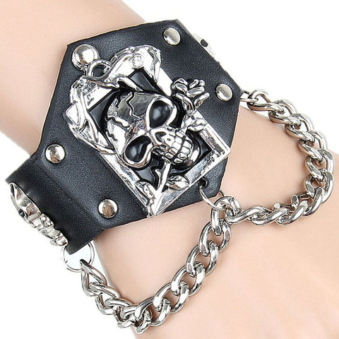 RE Genuine Leather Viking Wolf Bracelet Punk Harley Rider Rock Skeleton Skull Glove Cone Stud Spikes Rivet Chain Links Bangle - Wolfmall