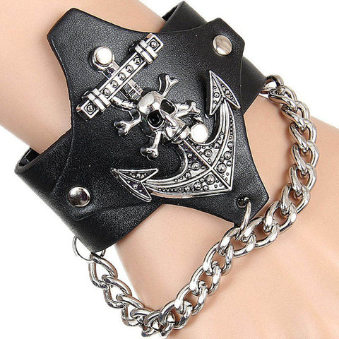 RE Genuine Leather Viking Wolf Bracelet Punk Harley Rider Rock Skeleton Skull Glove Cone Stud Spikes Rivet Chain Links Bangle - Wolfmall
