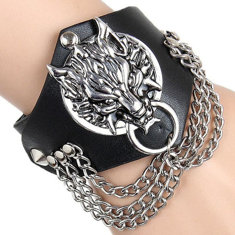 RE Genuine Leather Viking Wolf Bracelet Punk Harley Rider Rock Skeleton Skull Glove Cone Stud Spikes Rivet Chain Links Bangle - Wolfmall
