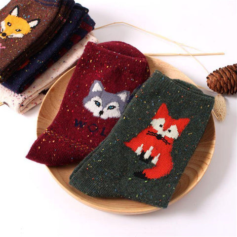 Korean thick wool cotton women girl crew socks autumn winter of Harajuku animal Fox Wolf striped sox brand lovely cute christmas - Wolfmall