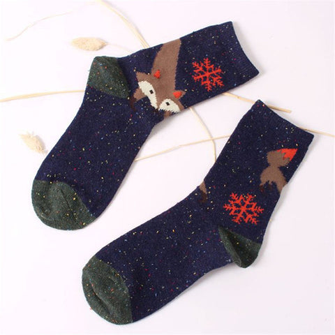 Korean thick wool cotton women girl crew socks autumn winter of Harajuku animal Fox Wolf striped sox brand lovely cute christmas - Wolfmall