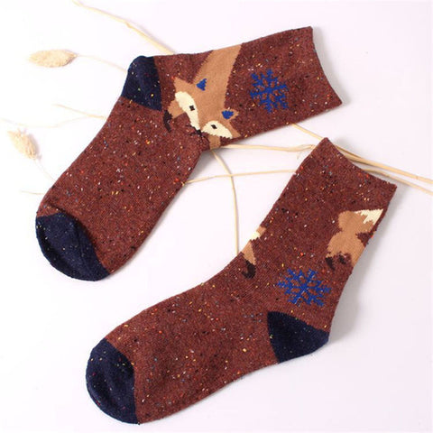 Korean thick wool cotton women girl crew socks autumn winter of Harajuku animal Fox Wolf striped sox brand lovely cute christmas - Wolfmall