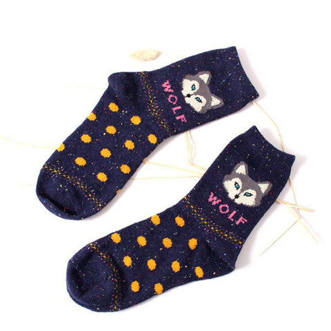 Korean thick wool cotton women girl crew socks autumn winter of Harajuku animal Fox Wolf striped sox brand lovely cute christmas - Wolfmall