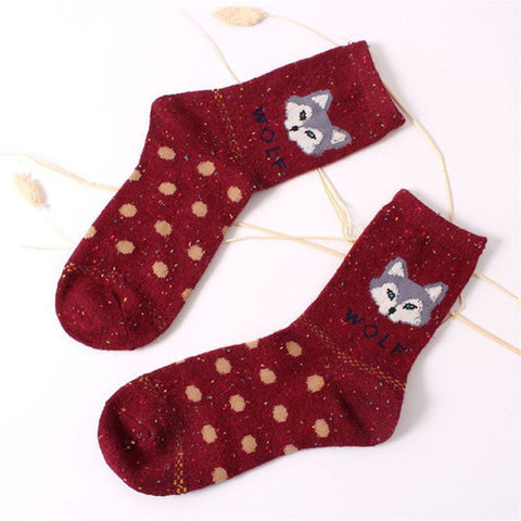 Korean thick wool cotton women girl crew socks autumn winter of Harajuku animal Fox Wolf striped sox brand lovely cute christmas - Wolfmall