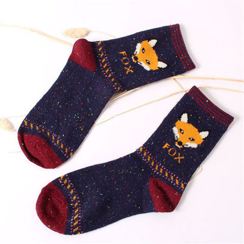 Korean thick wool cotton women girl crew socks autumn winter of Harajuku animal Fox Wolf striped sox brand lovely cute christmas - Wolfmall