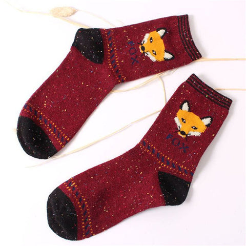 Korean thick wool cotton women girl crew socks autumn winter of Harajuku animal Fox Wolf striped sox brand lovely cute christmas - Wolfmall