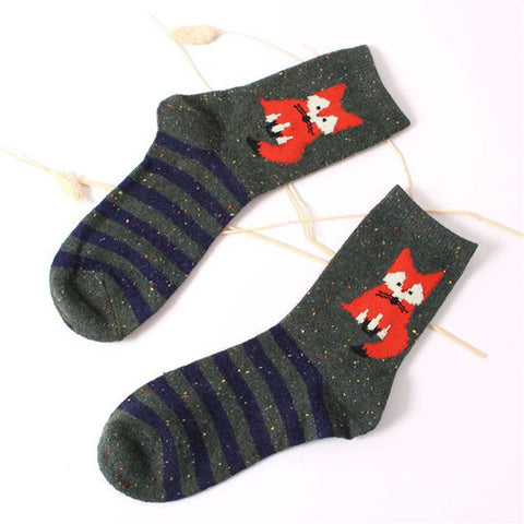 Korean thick wool cotton women girl crew socks autumn winter of Harajuku animal Fox Wolf striped sox brand lovely cute christmas - Wolfmall