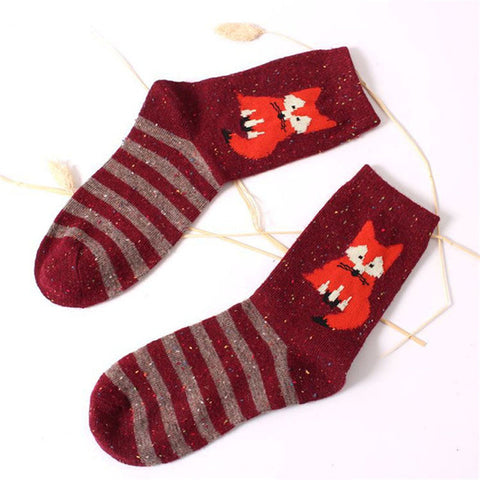 Korean thick wool cotton women girl crew socks autumn winter of Harajuku animal Fox Wolf striped sox brand lovely cute christmas - Wolfmall
