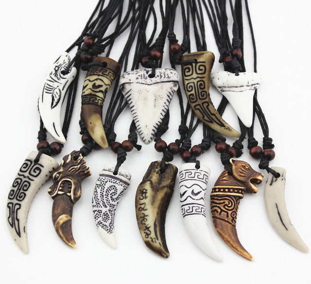 Wholesale 12pcs Mixed Cool Imitation Bone Carved Dragon Totem Shark/Wolf Tooth Pendant Necklace Amulet MN465 - Wolfmall