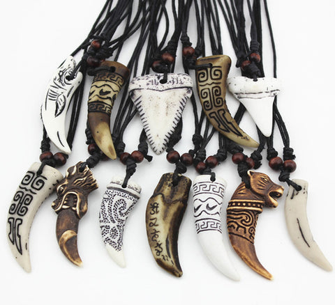Wholesale 12pcs Mixed Cool Imitation Bone Carved Dragon Totem Shark/Wolf Tooth Pendant Necklace Amulet MN465 - Wolfmall