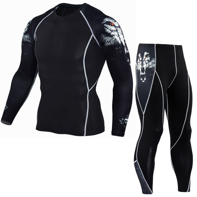 Mens Compression Sets T Shirts Wolf Print Lycra Crossfit T-shirt Joggers Base Layer Tight Tops Leggings Brand Clothing - Wolfmall