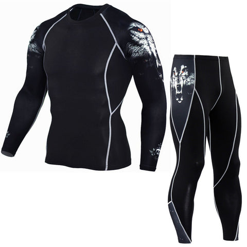 Mens Compression Sets T Shirts Wolf Print Lycra Crossfit T-shirt Joggers Base Layer Tight Tops Leggings Brand Clothing - Wolfmall